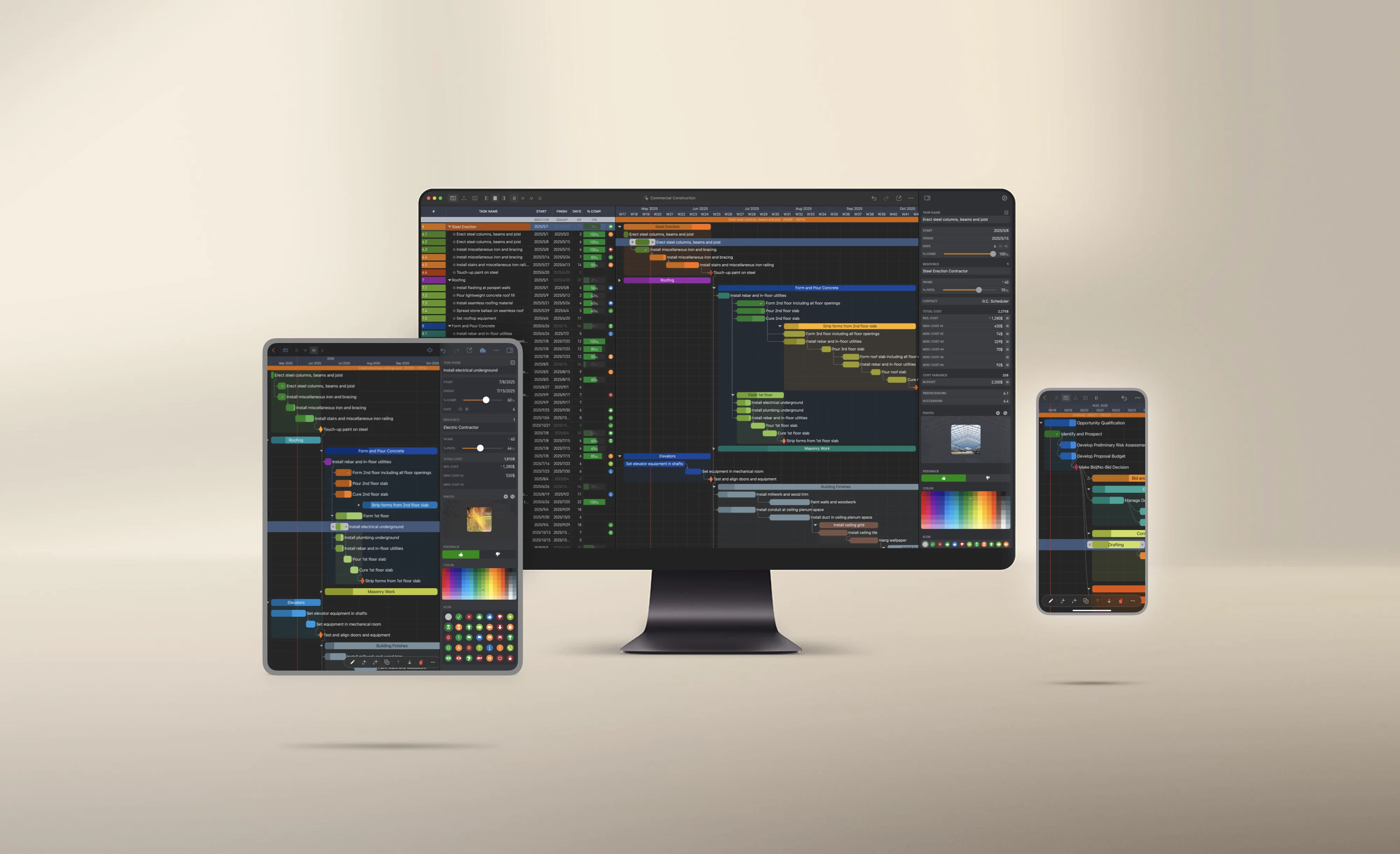 QuickPlanX project planning interface on Mac, iPad, and iPhone with a Gantt schedule