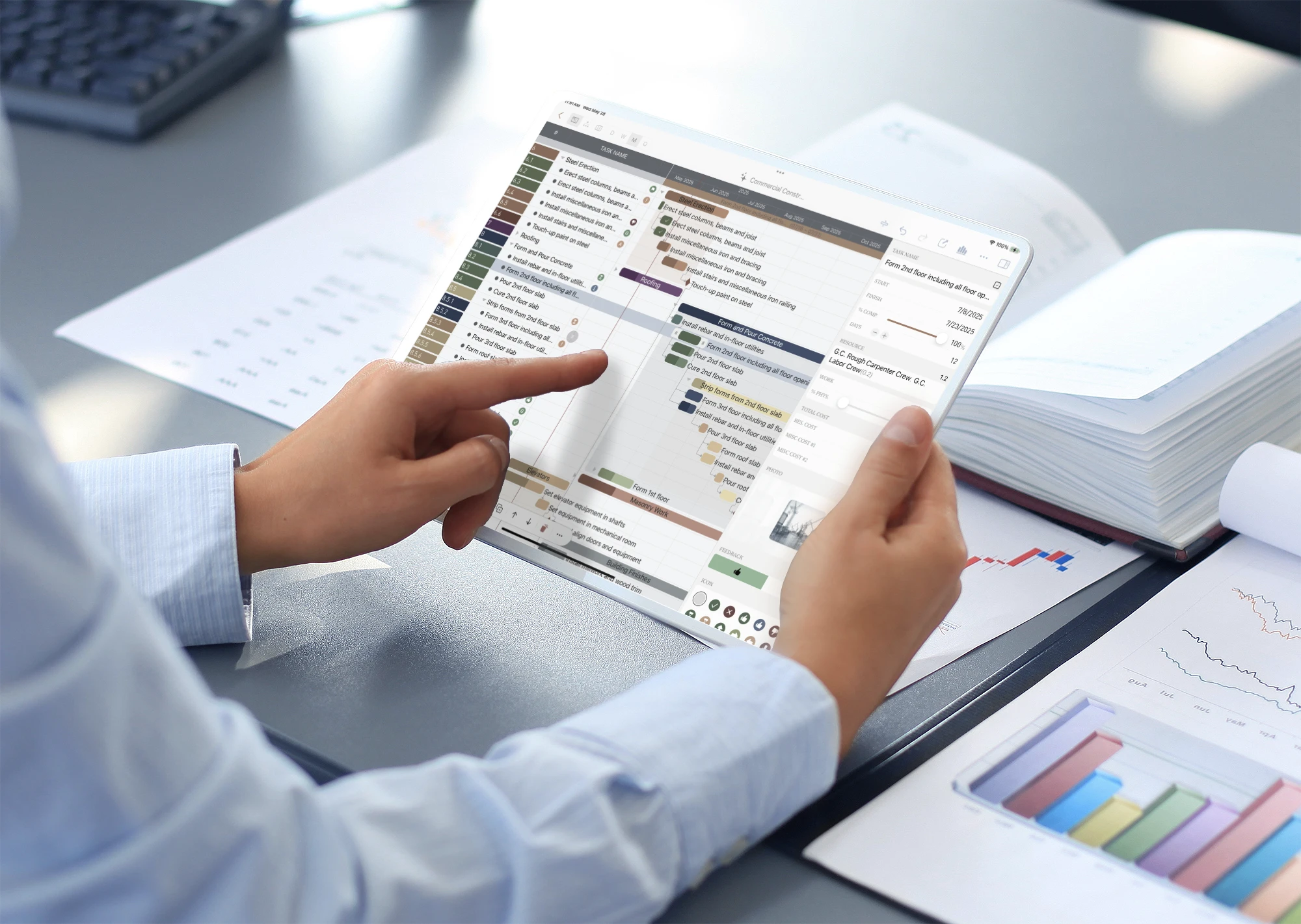 QuickPlanX project plan open on iPad with Gantt timeline and task table