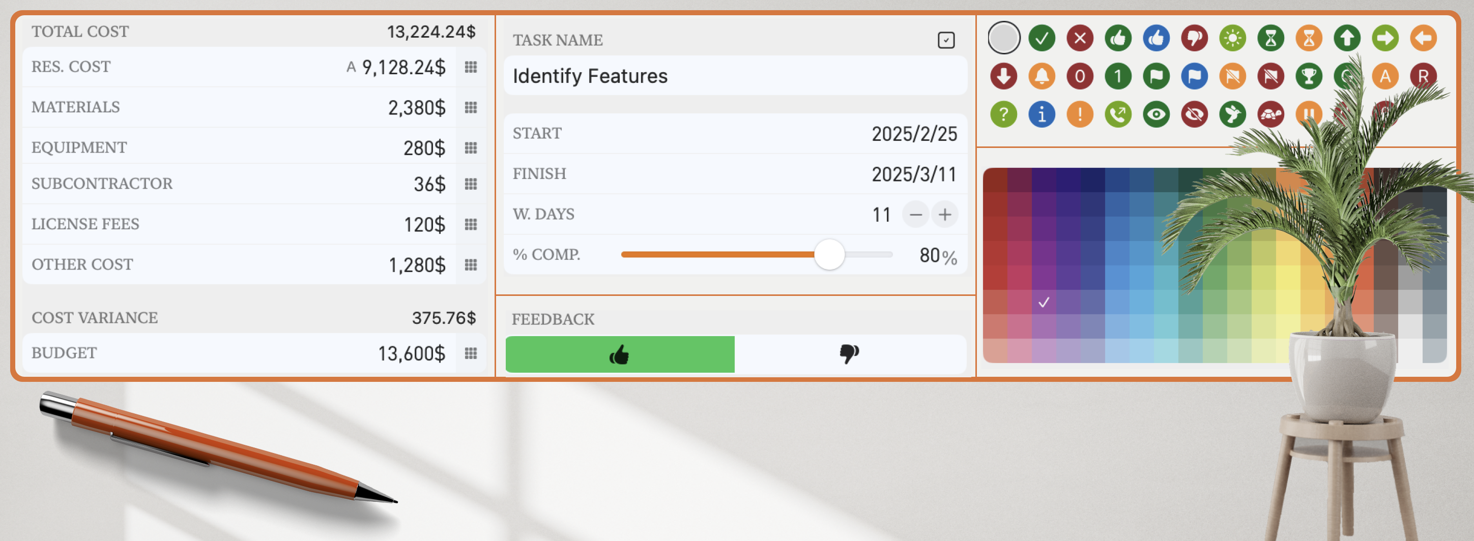 Task inspector in QuickPlanX showing schedule, cost, and resource fields