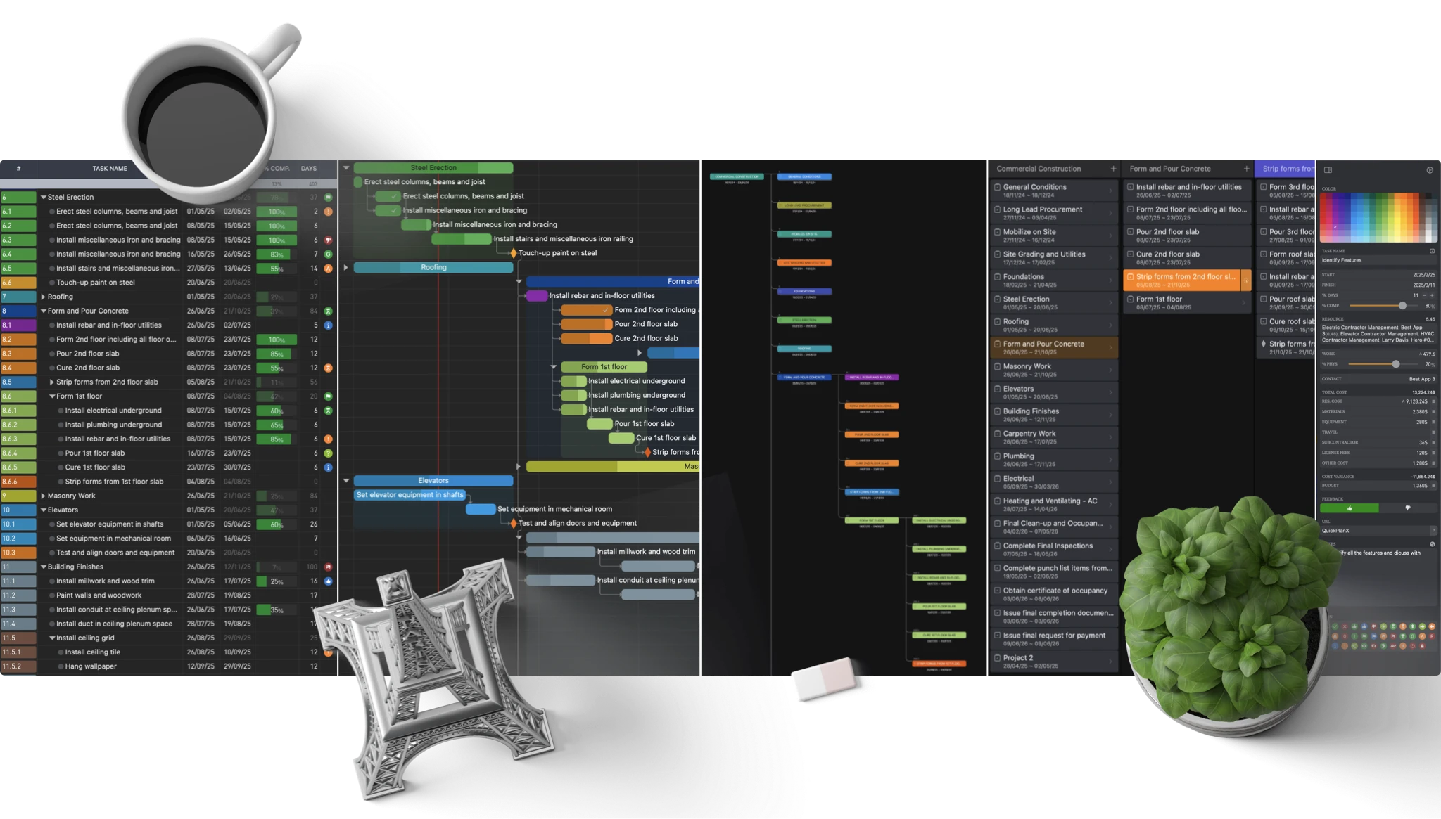 QuickPlanX table, Gantt, tree, and column views for managing project tasks