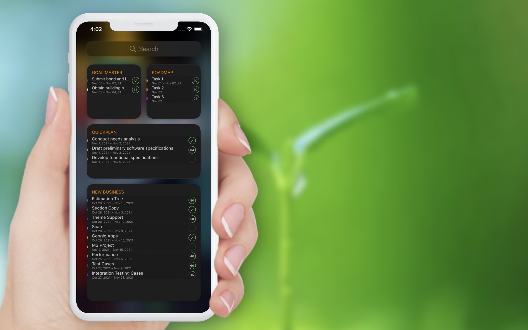 QuickPlanX home-screen widget showing upcoming and in-progress tasks